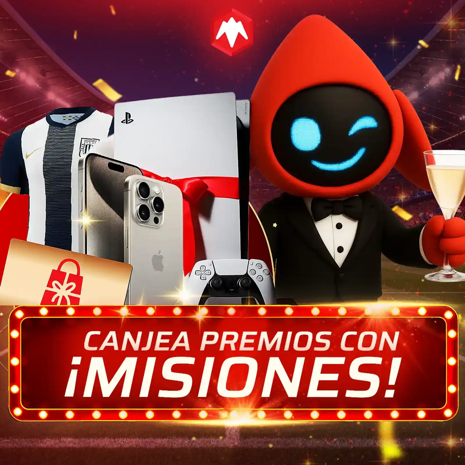 Pieza de la sección de misiones con premios de electrónica sobre fondo oscuro.