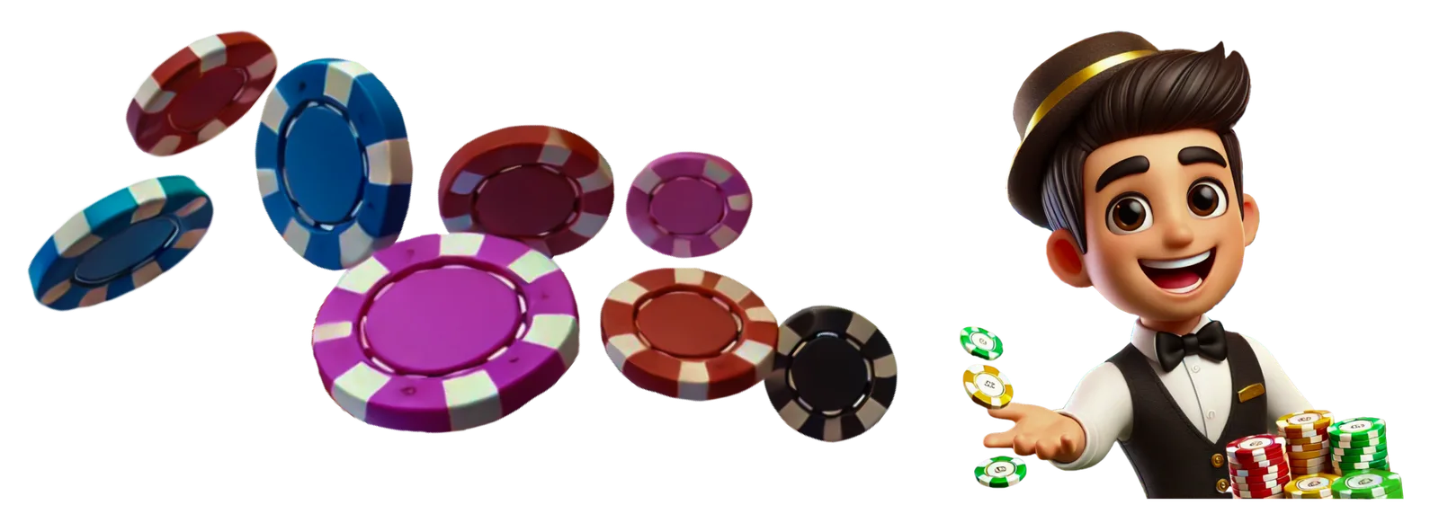 Ilustración de fichas de casino junto a un personaje animado con sombrero.