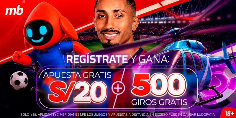Pieza publicitaria de registro con apuesta gratis y giros, con aviso legal al pie.